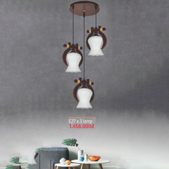 Đèn thả 3 chao thủy tinh trắng, khung gỗ cổ điển 