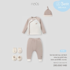 Nous Set bộ dài tay cài lệch màu be phối nâu kèm set BTBC và mũ 0M