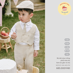 Nous Bộ dài màu trắng phối màu be kèm áo gile và mũ 6,9,12,18M,2Y