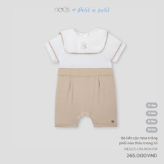 Nous Bộ liền cộc màu trắng phối nâu thêu trang trí 0,3,6,9M