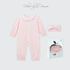 Set body dài tay kèm băng đô La Pomme phối ren điệu đà - 0,3,6M Hồng