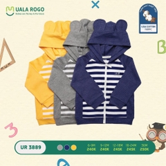 Áo khoác có mũ kẻ ngang to Ualarogo (6-9M, 9-12M, 12-18M, 18-24M, 36M), (Họa tiết Xanh, Ghi, Vàng)