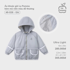 Áo khoác gió La Pomme kèm mũ viền màu dễ thương - 6M, 9M, 12M, 18M Ghi