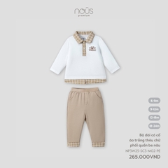 Nous Bộ dài có cổ áo trắng thêu chữ phối quần be nâu 6,9,12,18M