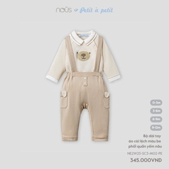 Nous Bộ dài tay áo cài lệch màu be phối quần yếm nâu 0,3,6,9M