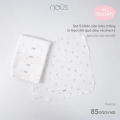 Set Nous 5 khăn sữa màu trắng in họa tiết quả dâu và cherry