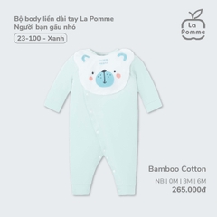 Bộ body liền dài tay La Pomme Người bạn gấu nhỏ - Newborn, 0,3,6M Xanh