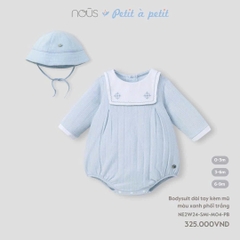 Nous - Bodysuit dài tay kèm mũ màu xanh phối trắng 0,3,6M
