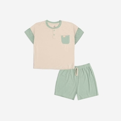 Bu Baby BBB130303.03YF20 | Bộ ngắn tay cổ trụ Gami |(6-12M, 12-18M, 18-24M, 2-3Y) - (Be - xanh lục, Trắngv - vàng kem)
