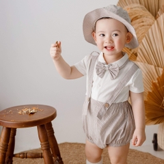 Bu Baby - BCT6332NC.18M42A | Set quần yếm kèm áo ngắn tay bé trai + nơ cổ Trắng - Kẻ be 12-18M, 18-24M