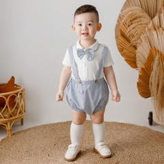 Bu Baby - BCT6332NC.M12E37 | Set quần yếm kèm áo ngắn tay bé trai + nơ cổ Trắng - kẻ Blue 6-12M, 12-18M, 18-24M