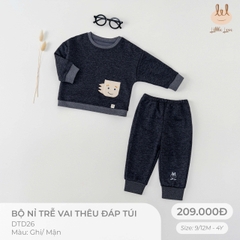 Little Love bộ nỉ trễ vai thêu đáp túi ghi (4Y,3Y,18-24M,12-18M,9-12M)