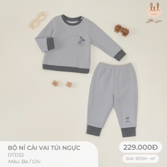 Bộ Nỉ Cài Vai Túi Ngực Ghi (4Y,3Y,18-24M,12-18M,9-12M)