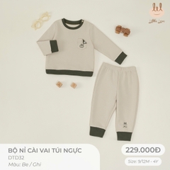 Bộ Nỉ Cài Vai Túi Ngực Be (4Y,3Y,18-24M,12-18M,9-12M)