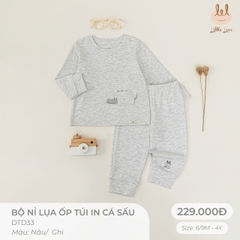 Bộ Nỉ Lụa Ốp Túi Ghi In Cá Sấu (4Y,3Y,18-24M,12-18M,9-12M,6-9M)
