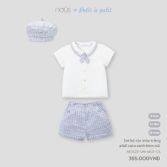 Nous Set bộ cộc màu trắng phối caro xanh kèm mũ 9,12,18M