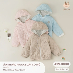 Little love Áo khoác phao 2 lớp có mũ nâu 9,12,18-24M,3Y
