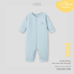 Nous Bộ liền dài tay màu xanh nhạt thêu gấu 0,3,6M