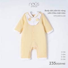 Nous - Body dài yếm kẻ vàng yếm thêu mặt mèo 3M