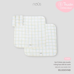 Nous Set 5 khăn sữa muslin trắng họa tiết kẻ xanh