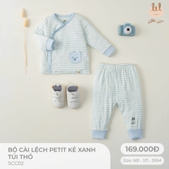 Little Love Bộ Cài Lệch Petit Kẻ Xanh Túi Thỏ (3-6M,1-3M,Newborn)