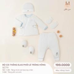 Little Love Bộ Cài Thẳng Elas Phối Lé Trắng Xanh (3-6M,1-3M,Newborn)