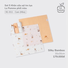 Set 5 Khăn sữa sợi tre lụa La Pomme phối màu (30x30cm) - Cam (Mèo)