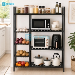 Kệ để đồ nhà bếp 3,4 tầng có bánh xe, Kệ để lò vi sóng tiện lợi mặt gỗ để đồ thông minh khung thép, Kệ đựng lò vi sóng lò nướng có giỏ lưới đựng màu đen