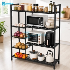 Kệ để đồ nhà bếp 3,4 tầng có bánh xe, Kệ để lò vi sóng tiện lợi mặt gỗ để đồ thông minh khung thép, Kệ đựng lò vi sóng lò nướng có giỏ lưới đựng màu đen
