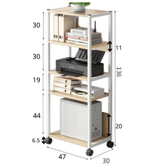 Giá sách khung sắt 4,5 tầng màu gỗ sáng, kệ để sách mặt gỗ MDF dễ lau chùi có bánh xe di chuyển thông minh