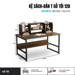Bàn học, bàn làm việc kèm kệ sách chân sắt sơn tĩnh điện, hai màu sáng tối, chiều dài 120cm