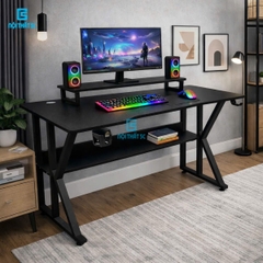 Bàn gaming, bàn làm việc có kệ lửng kèm phụ kiện giá đựng cốc và giá treo tai nghe tiện lợi