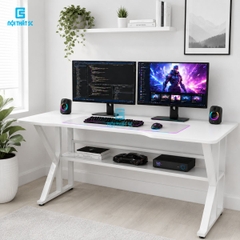 Bàn gaming, bàn làm việc có kệ lửng kèm phụ kiện giá đựng cốc và giá treo tai nghe tiện lợi
