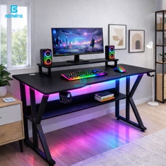 Bàn gaming, bàn làm việc có kệ lửng kèm phụ kiện giá đựng cốc và giá treo tai nghe tiện lợi