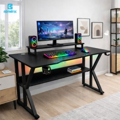 Bàn gaming, bàn làm việc có kệ lửng kèm phụ kiện giá đựng cốc và giá treo tai nghe tiện lợi