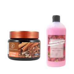 Combo Trắng Sáng Sạch Sâu Cho Body - Sữa Tắm Hương Trái Cây Exclusive Cosmetics 500g Và Tẩy Tế Bào Chết Quế Hồi 380g
