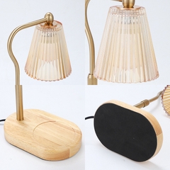 Đèn đốt nến đế gỗ bầu chụp nón thủy tinh sọc/caro-BL