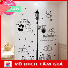 Decal dán tường Mẫu Những chú mèo đáng yêu có sẵn keo chỉ cần bóc dán