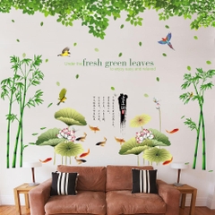 [ Size Lớn ] Decal dán tường kết hợp Lá xanh - Bụi Tre và  Sen AM9104+0779C+XY1097AB
