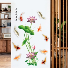 Decal dán tường Sticker dán tường in chất lượng cao có keo mặt sau mẫu Ao cá và hoa sen GS9438