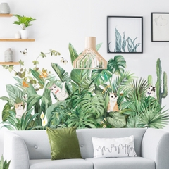 Decal dán tường mẫu Hoa lá và meo Sticker tranh dán tường có sẵn keo