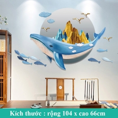 Decal dán tường mẫu Cá Voi Xanh có núi Sticker tranh dán tường có sẵn keo ZH-1004