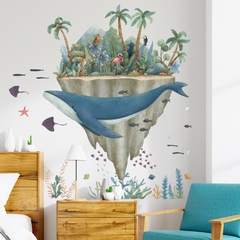 Decal dán tường mẫu Cá voi xanh và Ốc Đảo Sticker tranh dán tường có sẵn keo ZH-1018