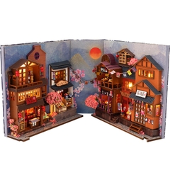 Mô hình 3D Book Nook Mẫu Hẻm Sakura,Noel Tự Làm bằng gỗ. Trang Trí Kệ sách, quà tặng sinh nhật Book Nook DIY TC25