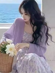 Set Đồ Phong Cách Nhẹ Nhàng Màu Tím, Tươi Trẻ, Áo Len Và Váy Voan Hoa, Bộ Đồ Hai Mảnh Sành Điệu D128250