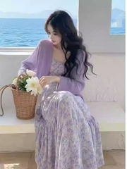 Set Đồ Phong Cách Nhẹ Nhàng Màu Tím, Tươi Trẻ, Áo Len Và Váy Voan Hoa, Bộ Đồ Hai Mảnh Sành Điệu D128250