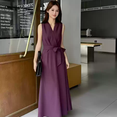 Đầm Wei  Phong cách Pháp thanh lịch cao cấp, thắt eo, cổ chữ V, không tay dành cho nữ B211