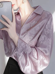 Áo sơ mi satin jacquard màu tím, kiểu Pháp, dài tay, phong cách độc đáo D108250