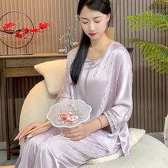 Bộ đồ ngủ lụa băng phong cách Trung Hoa màu tím vải jacquard cao cấp XINY DN100250