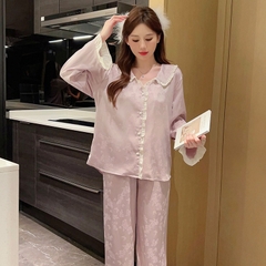 Bộ đồ ngủ phong cách mới tay dài quần dài lụa băng vải jacquard cao cấp XINY DN113250